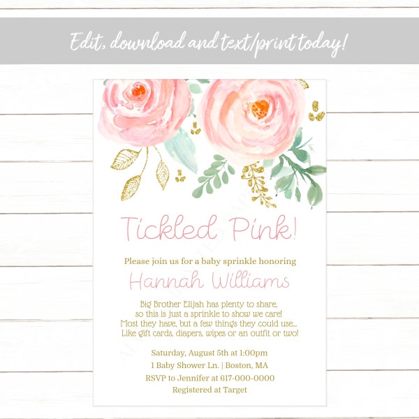 Tickled Pink Baby Sprinkle Invitation Girl, Pink and Gold Floral Baby Sprinkle Invitation, Instant Download Printable   Editable