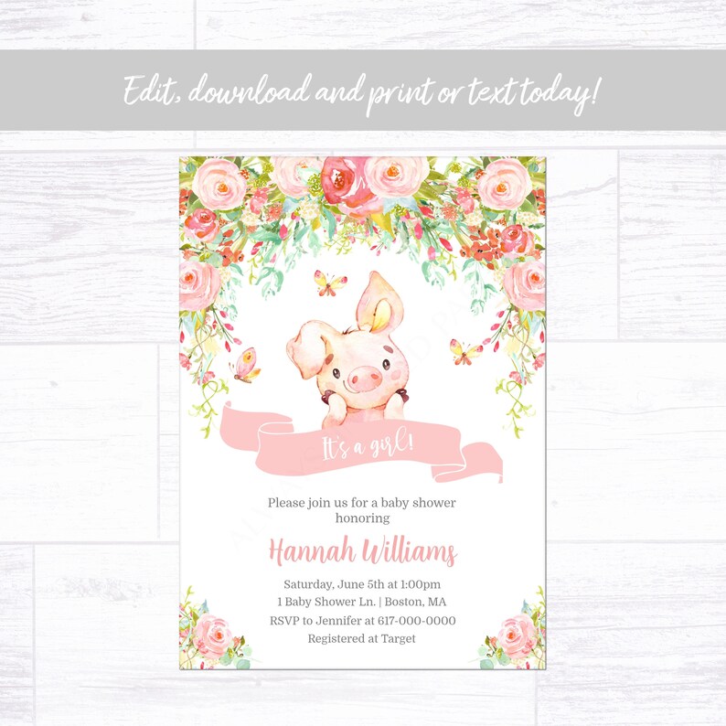 Piggy Baby Shower Invitation Girl Floral Piglet Farm Baby | Etsy