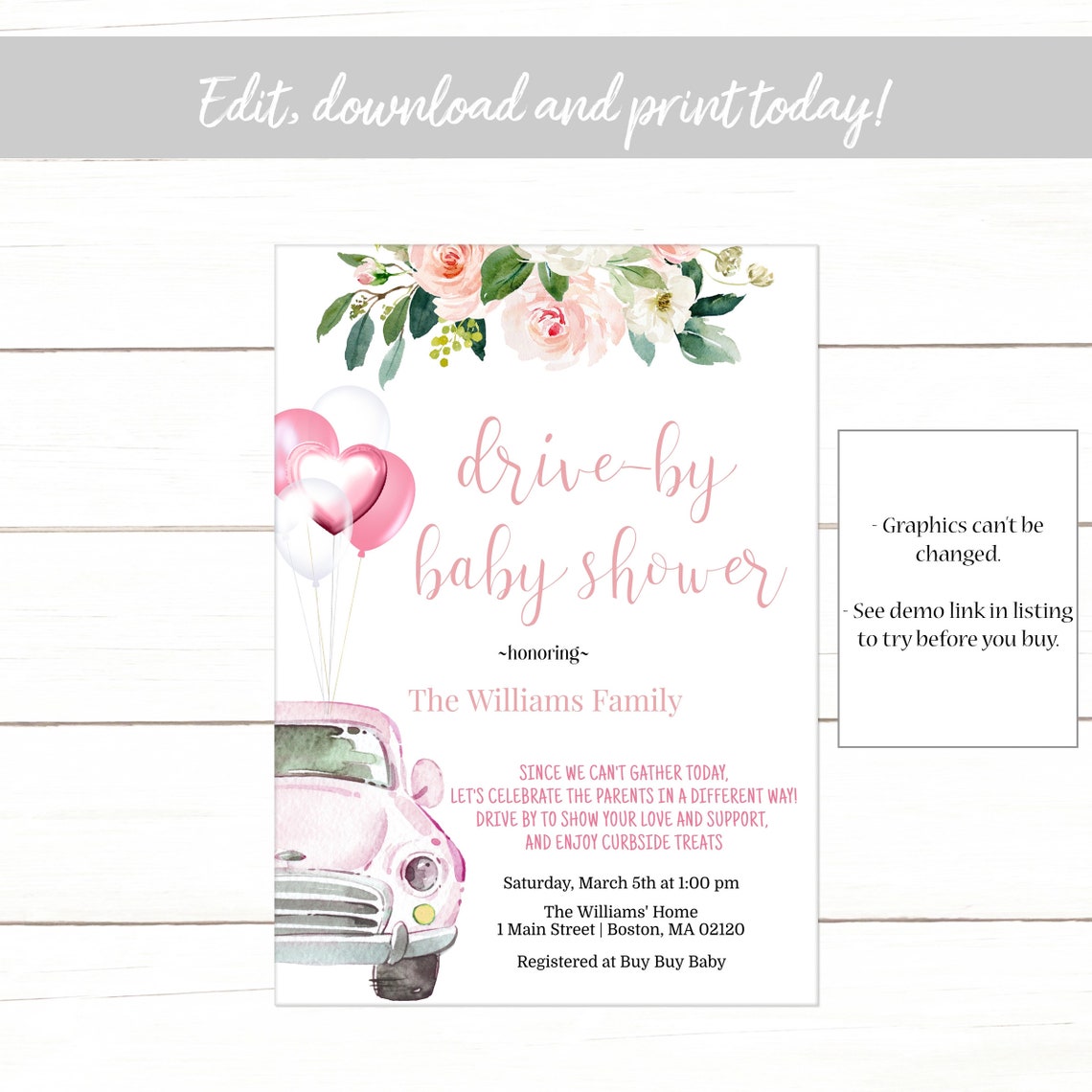 Editable Floral Drive By Baby Shower Invitation Girl Pink Etsy