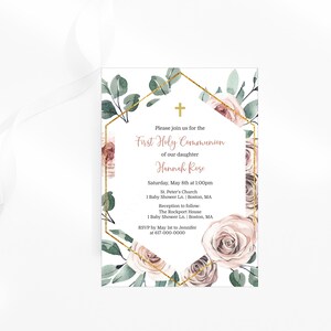 First Holy Communion Invitation Girl, Floral 1st Communion Invitation, Instant Download Printable Editable