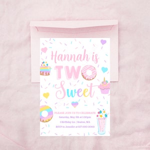 Two Sweet Birthday Invitation Girl, Pink Yellow Purple Blue Donut Birthday Invitation, Instant Download Printable Editable