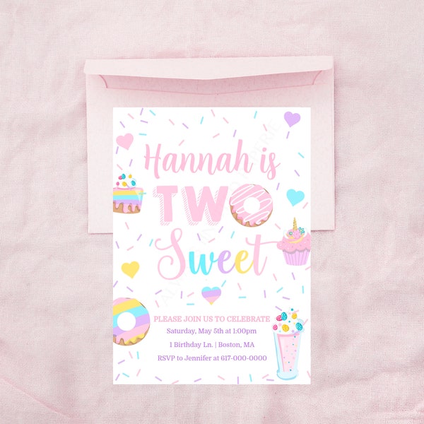 Two Sweet Birthday Invitation Girl, Pink Yellow Purple Blue Donut Birthday Invitation, Instant Download Printable Editable