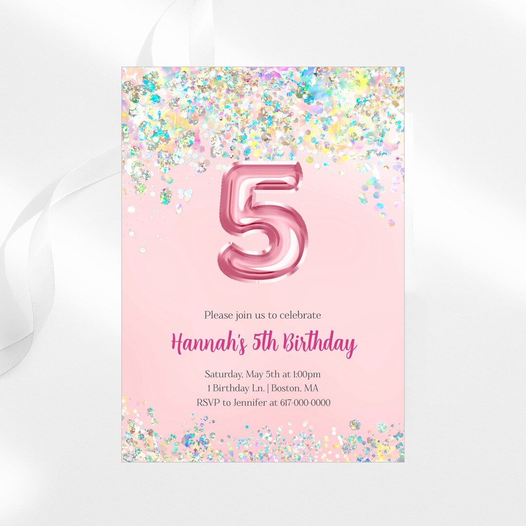 Pink 5th Birthday Invitation Girl, Holo Glitter Birthday Invitation ...