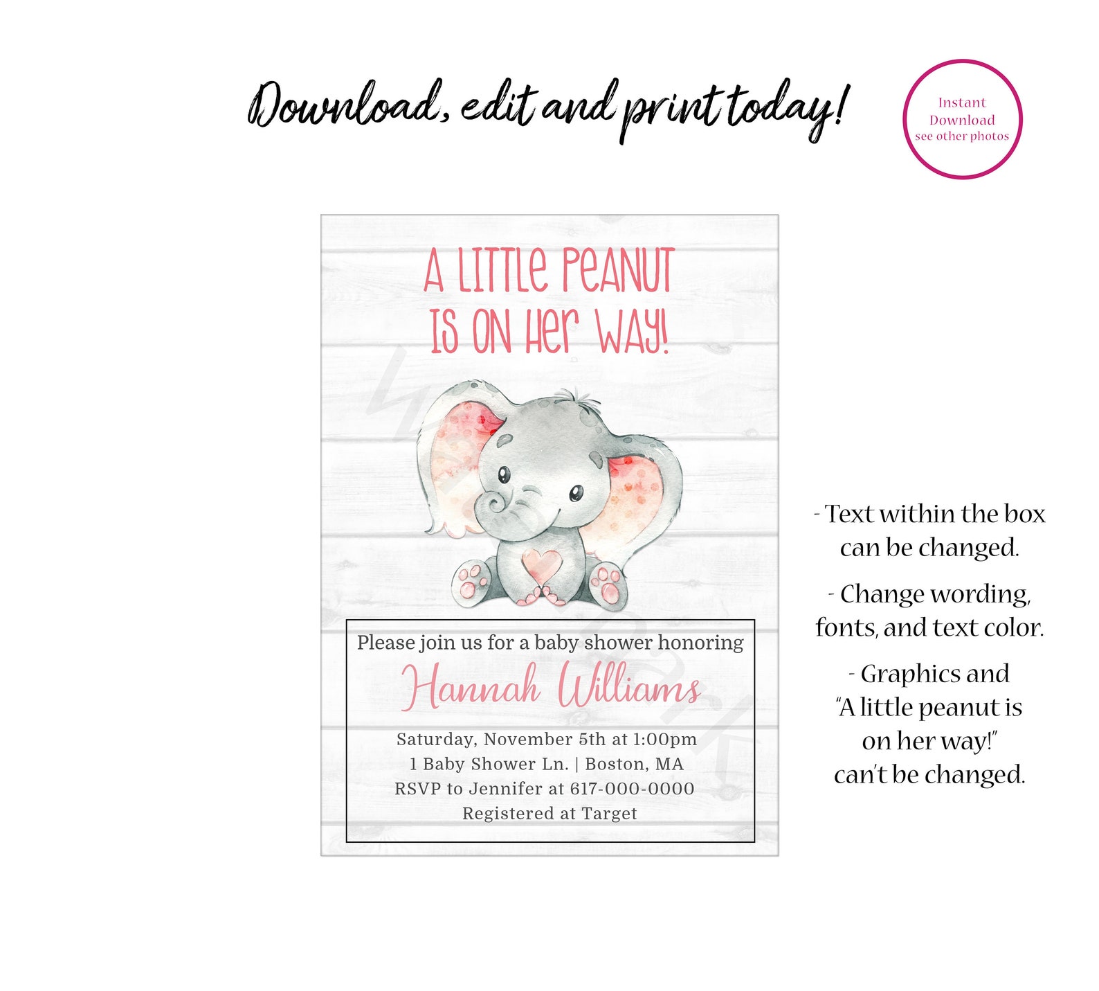 Elephant Baby Shower Invitation Girl Pink Elephant Etsy