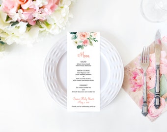 Dinner Menu, Pink Floral First Communion Menu, Wedding Shower Menu, Confirmation Menu Instant Download Printable Editable
