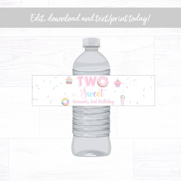 Two Sweet Water Bottle Label, Two Sweet Birthday Water Bottle Label, Instant Download Printable Editable