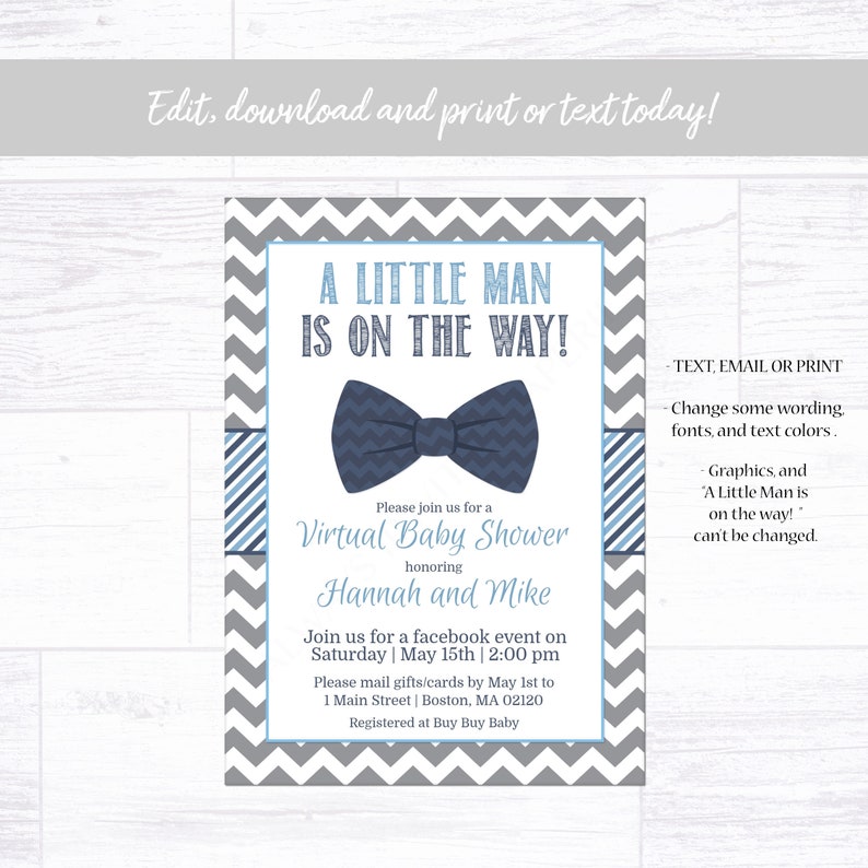 Virtual Baby Shower Invitation Boy Bow Tie Little Man Baby Etsy