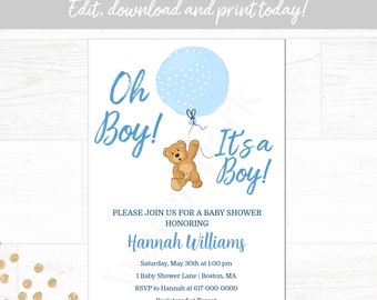 Teddy Bear Baby Shower Invitation Boy, Blue Oh Boy! It's a Boy Invitation, Instant Download Printable Editable