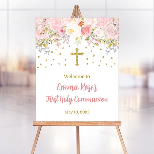 Floral First Communion Welcome Sign, Pink First Holy Communion Welcome Sign, Instant Download Printable Editable