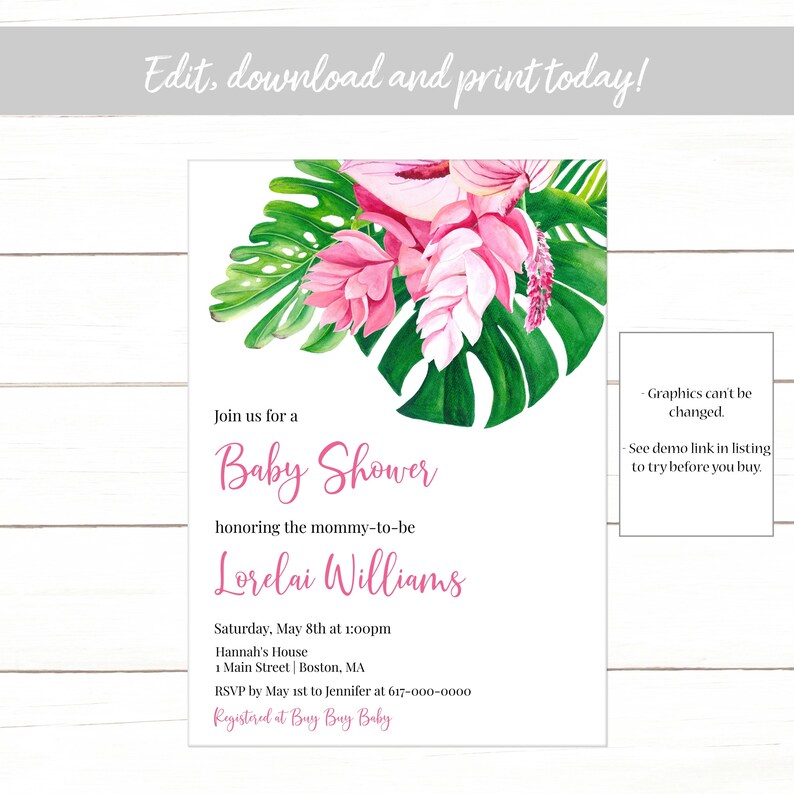 Editable Tropical Baby Shower Invitation Girl Pink Floral Etsy