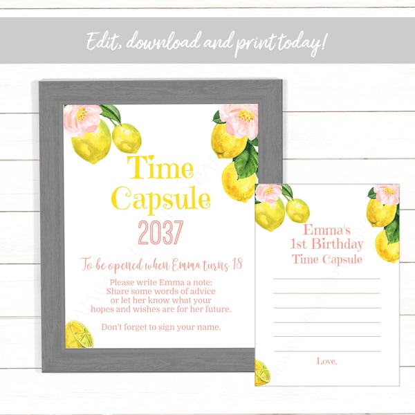 Lemon Birthday Time Capsule Sign, Citrus Lemon Baby Shower Time Capsule Sign and Card, Instant Download Printable Editable