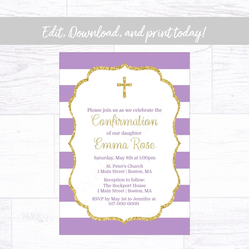 Purple and Gold Confirmation Invitation Confirmation Invitation Girl Instant Download Printable Editable