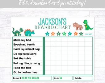 Dinosaurusbeloningskaart voor jongens, klusjeskaart, beloningskaartsjabloon, Instant Download afdrukbare bewerkbare