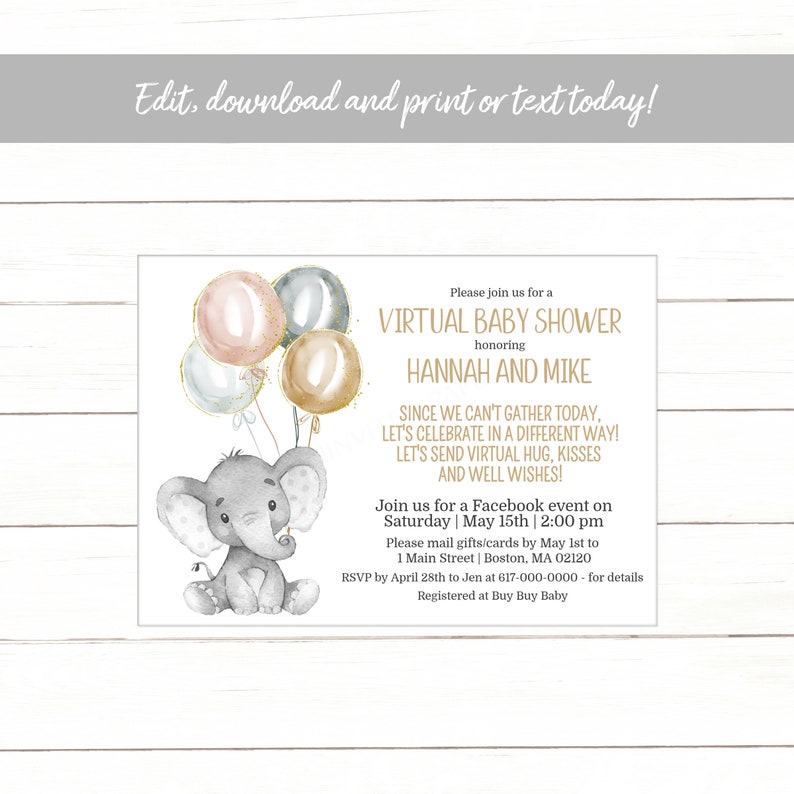 Virtual Baby Shower Invitation Elephant Long Distance Baby Etsy