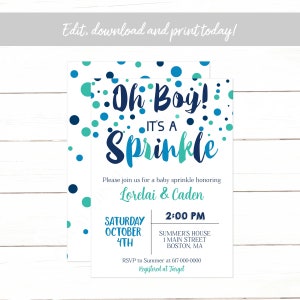 Baby Sprinkle Invitation Boy, Blue Confetti Oh Boy Baby Sprinkle Invitation, Instant Download Printable Editable
