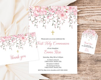 First Holy Communion Invitation Girl, Pink Cherry Blossom 1st Communion Invitation Set, Thank You Favor Tag Instant Download Editable 801