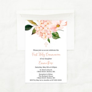 First Holy Communion Invitation Girl, Pink Floral 1st Communion Invitation, Instant Download Printable Editable
