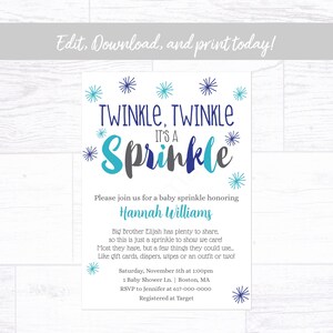 Baby Sprinkle Invitation Boy, Blue and Gray Twinkle Twinkle Baby Sprinkle Invitation, Instant Download Printable Editable