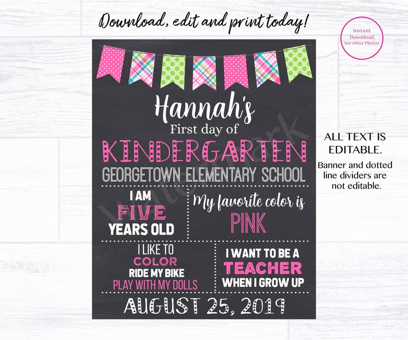 Download Any Grade Pink 1st Day Of 1st Grade Chalkboard Sign Instant Download Editable Kindergarten 2nd Grade First Day Of School Sign Girl Digital Prints Art Collectibles Seasonalliving Com