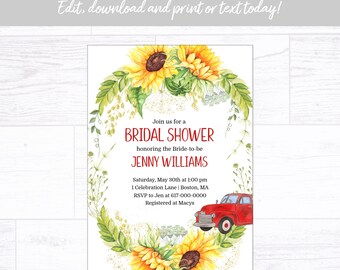 Bridal Shower Invitation, Sunflower Red Truck Floral Bridal Shower Invitation, Instant Download Printable Editable