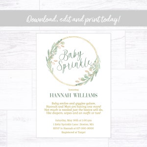 Baby Sprinkle Invitation, Greenery and Gold Sprinkled with Love Baby Sprinkle Invitation, Instant Download Printable   Editable