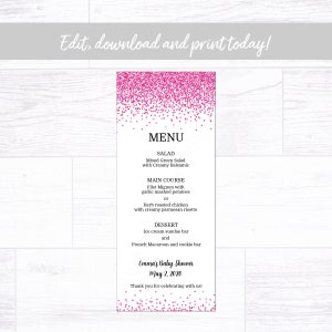Party Menu, Pink and White Menu, Instant Download Printable  EditableEditable