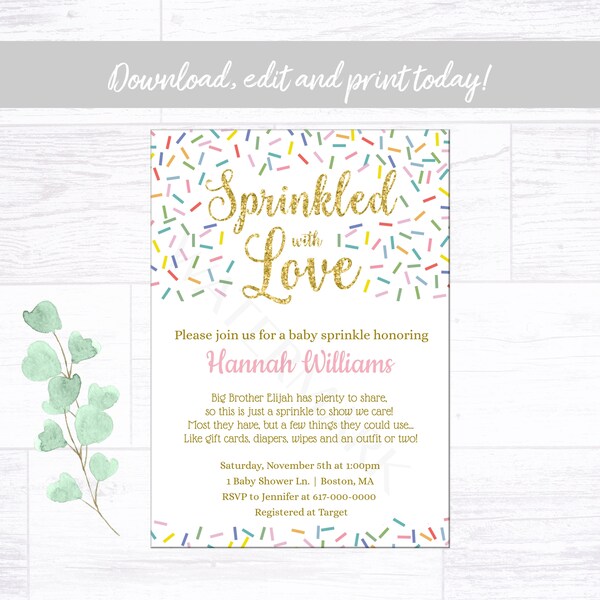 Baby Sprinkle Invitation, Rainbow Sprinkles Sprinkled with Love Invitation, Gender Neutral Instant Download Printable Editable