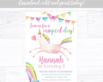 Unicorn Birthday Invitation Girl, Any Age Pink Unicorn Birthday Invitation, Instant Download Printable Editable