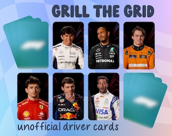 Könnte beinhalten: Grafik mit "GRILL THE GRID" und "unofficial driver cards" mit Bildern von Formel-1-Fahrern. Das Design umfasst türkisfarbene Spielkarten und das Logo "LLE studios".