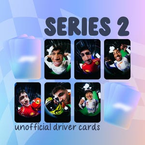 May include: An image promoting "SERIES 2" driver cards. The cards display portraits of race car drivers. The text "unofficial driver cards" is printed below the images. The background is a gradient of blue and pink with a checkered flag design.