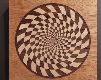 May include: Square wooden wall art featuring a spiral optical illusion design. The artwork is a warm brown color with a lighter wood pattern creating a checkered spiral. The design is centered on the square.