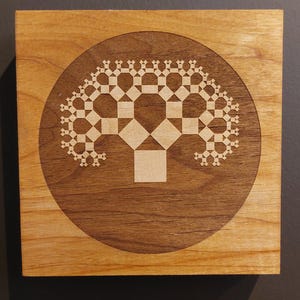 May include: Square wooden wall art featuring a geometric tree design. The tree is etched in a lighter wood tone within a darker circular frame. The artwork is mounted on a square wooden panel, showcasing a natural wood grain.