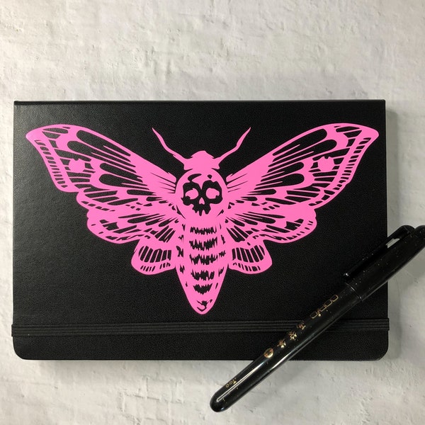 Goth emo pink deaths head moth journal, hand decorated, pink and black notebook, white lined paper, witchy, punk, diary, boho, goth aestheti