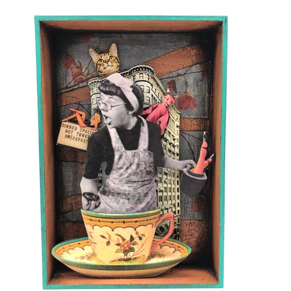 Original handmade shadow box collage art, Woman in Teacup with a cat, Surreal Pop Art, Grunge aesthetic, Colorful Home Decor, Retro