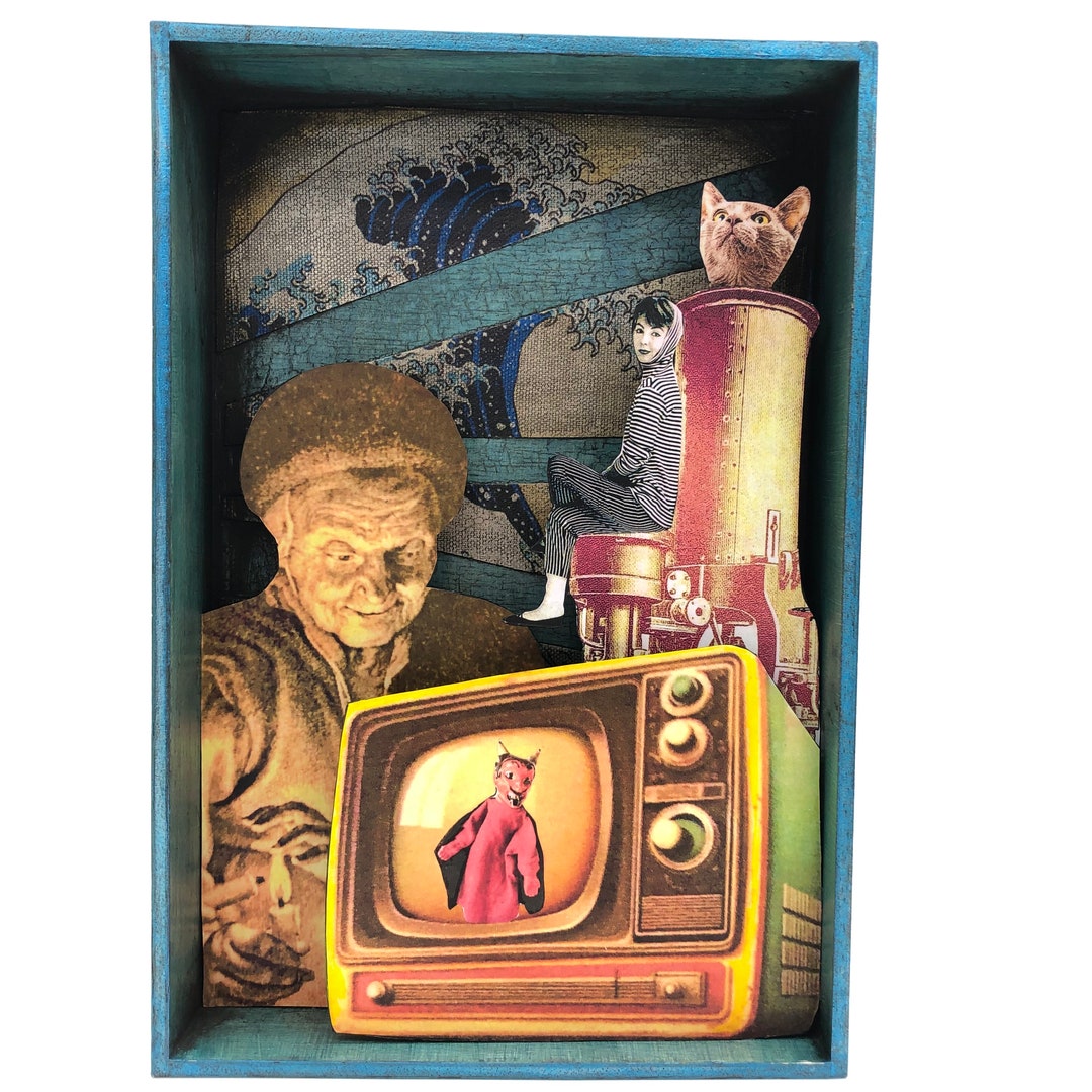 Original Handmade Shadow Box Collage Art, Woman With Vintage Tv and a ...