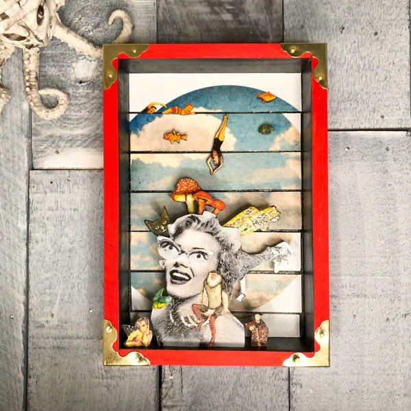 Surreal pop art, vintage woman in glasses shadow box, boho decor, eclectic wall art, collage, wild animal art, dream art, nightmare art