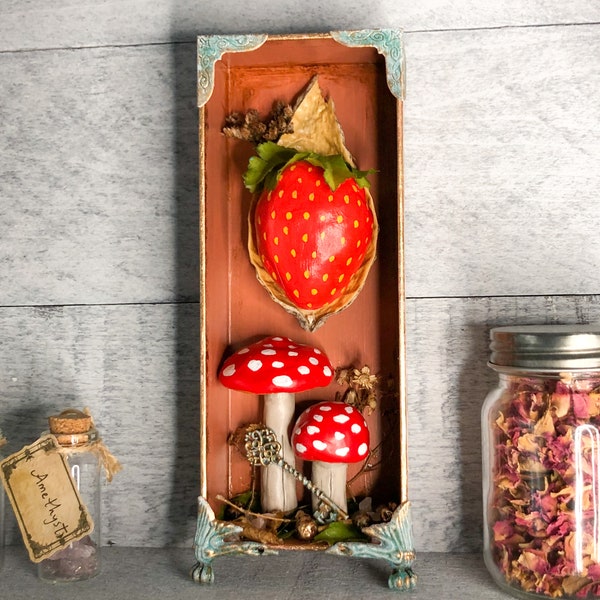 Strawberry and mushrooms spring and summer art, mini shadowbox, fairycore decor, boho decor, cottagecore, cute altar decor,