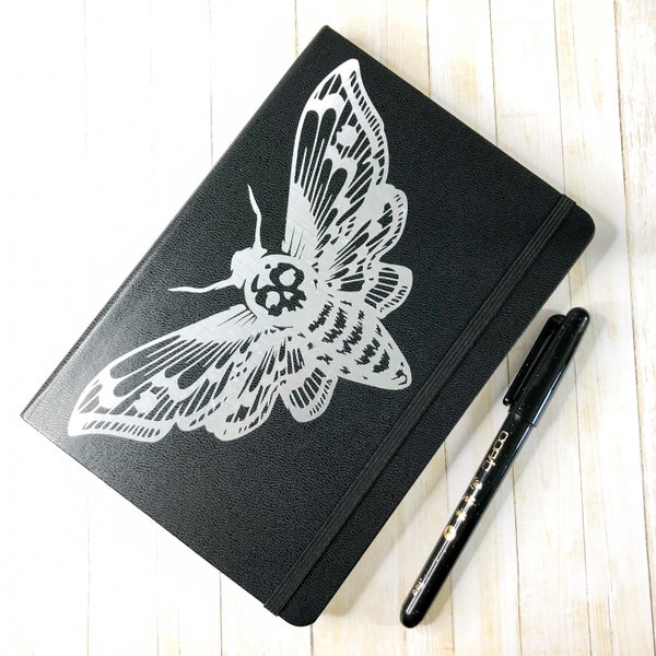 Goth silver deaths head moth journal, hand decorated, silver and black notebook, white lined paper, witchy, punk, diary, boho, goth