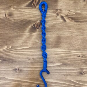 May include: A blue rope with a loop at the top and a hook at the bottom.