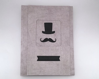 Gray photo album in linen canvas with mustache and hat decoration insert for men, black album interior with tissues, customizable