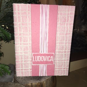 Album foto baby verticale 50 pagine interne color avorio, rivestito in carta doppia colorata e bianca a quadri, nastro e personalizzazione