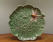 Bordallo Pinheiro Ceramic Portugal Green Leaf Shaped Dish with Raised Dragonfly Art Pottery 11 quot Platter