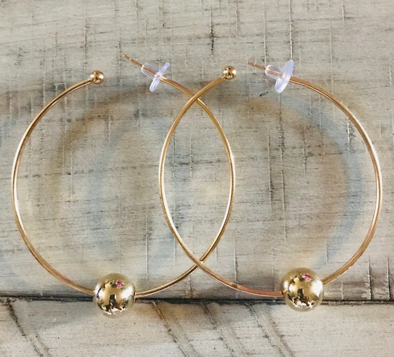 Large Gold Hoop Earrings with Gold Bead