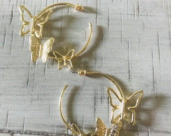 Butterfly hoop earrings, Butterfly earrings, Gold butterfly hoop earrings