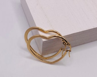 Gold heart hoop earrings, heart shaped hoop earrings, medium size heart hoop earrings.