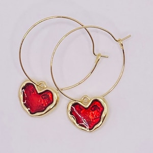 Heart hoop earrings, heart charm hoop earrings, gold and red hoop earrings,