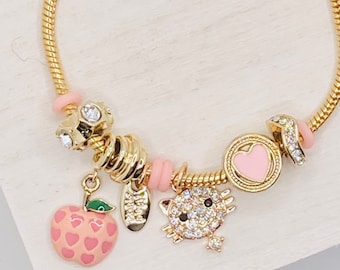 Personalized Pink cat charm bracelet