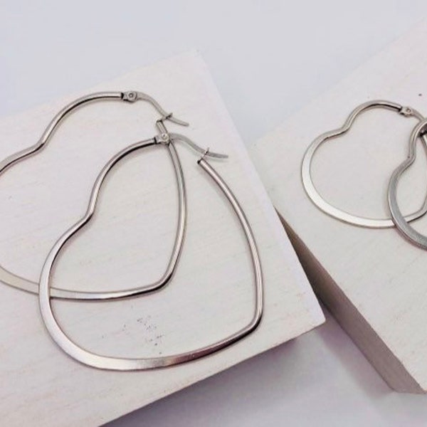 Heart hoop stainless steel earrings, silver heart hoop earrings, large heart hoop earrings, medium heart hoop earrings