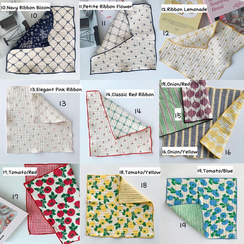 May include: A collection of ten square fabric cloths featuring various patterns including Navy Ribbon Bloom, Petite Ribbon Flower, Ribbon Lemonade, Elegant Pink Ribbon, Classic Red Ribbon, Onion, and Tomato designs in red, yellow, and blue colours.