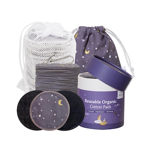 36 Moon Black Reusable Cotton Rounds Set, Organic Black Bamboo Cotton Pads for Removing Makeup, Fabric Pouch, Mesh Laundry Bag, Drying Clip